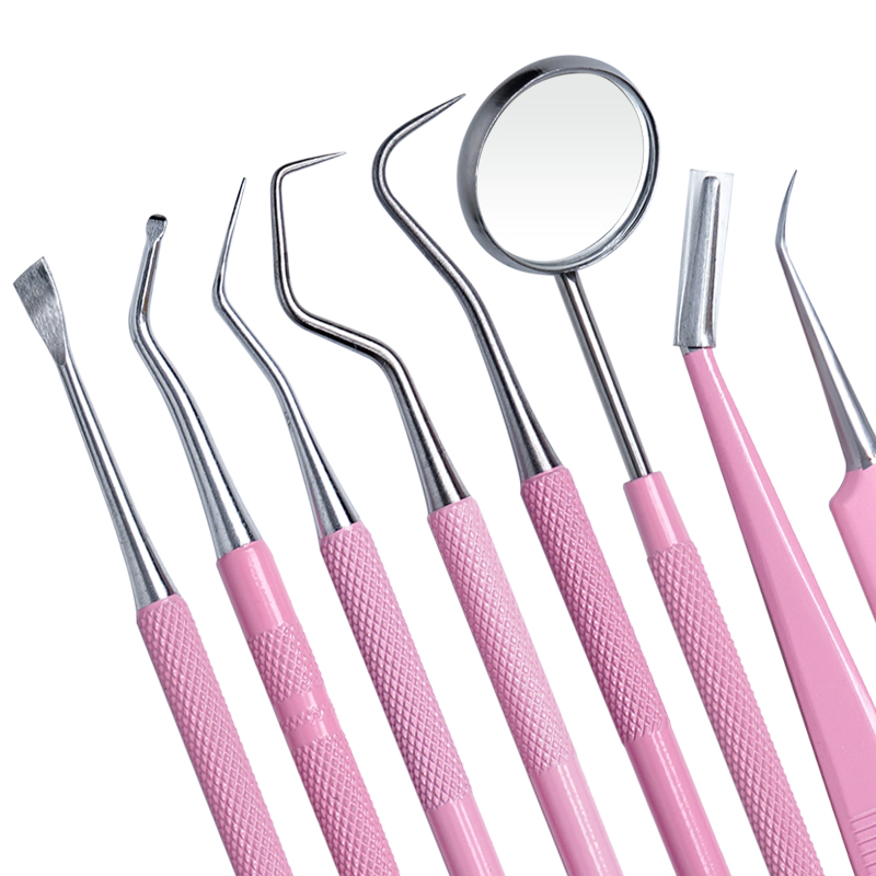 Dental Mirror Probe - Kit de 8 Herramientas Dentales Rosadas